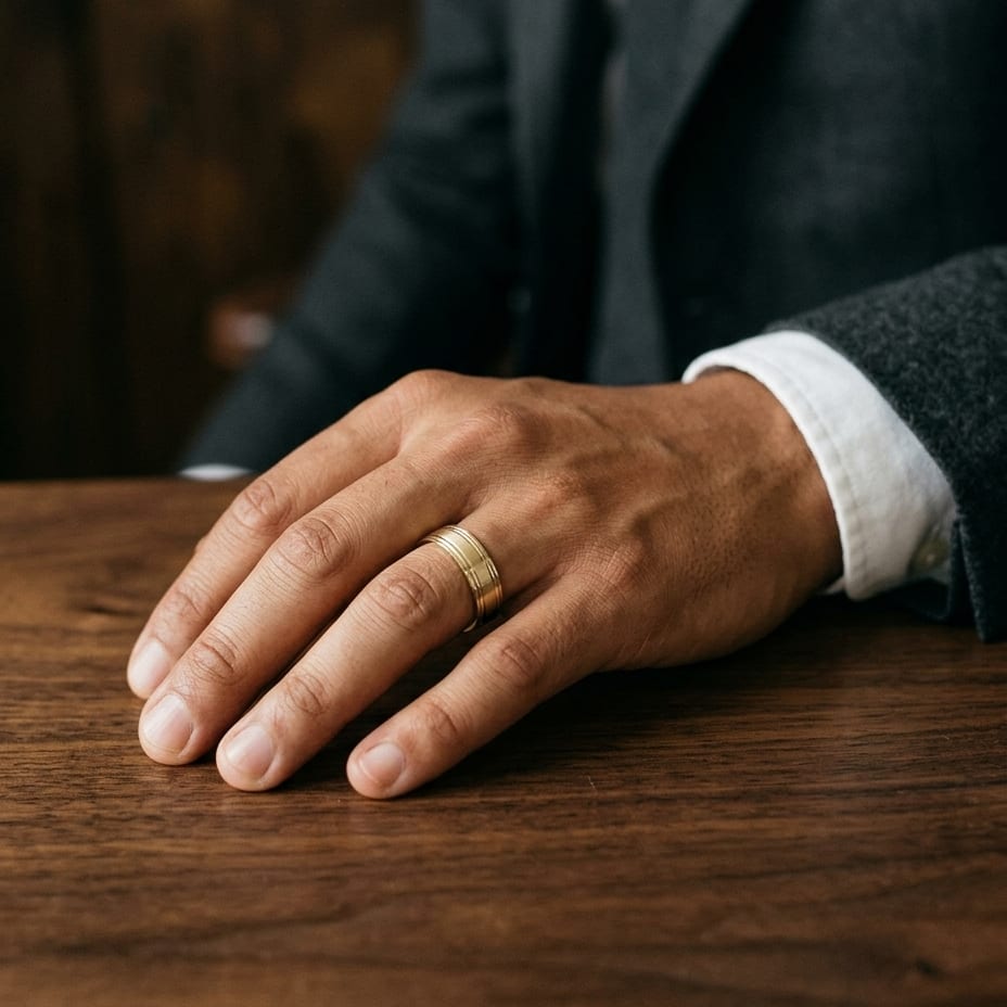 7mm Satin Finish Parallel Groove Carved Wedding Band in 18K Yellow Gold, worn on hand, masculine full view