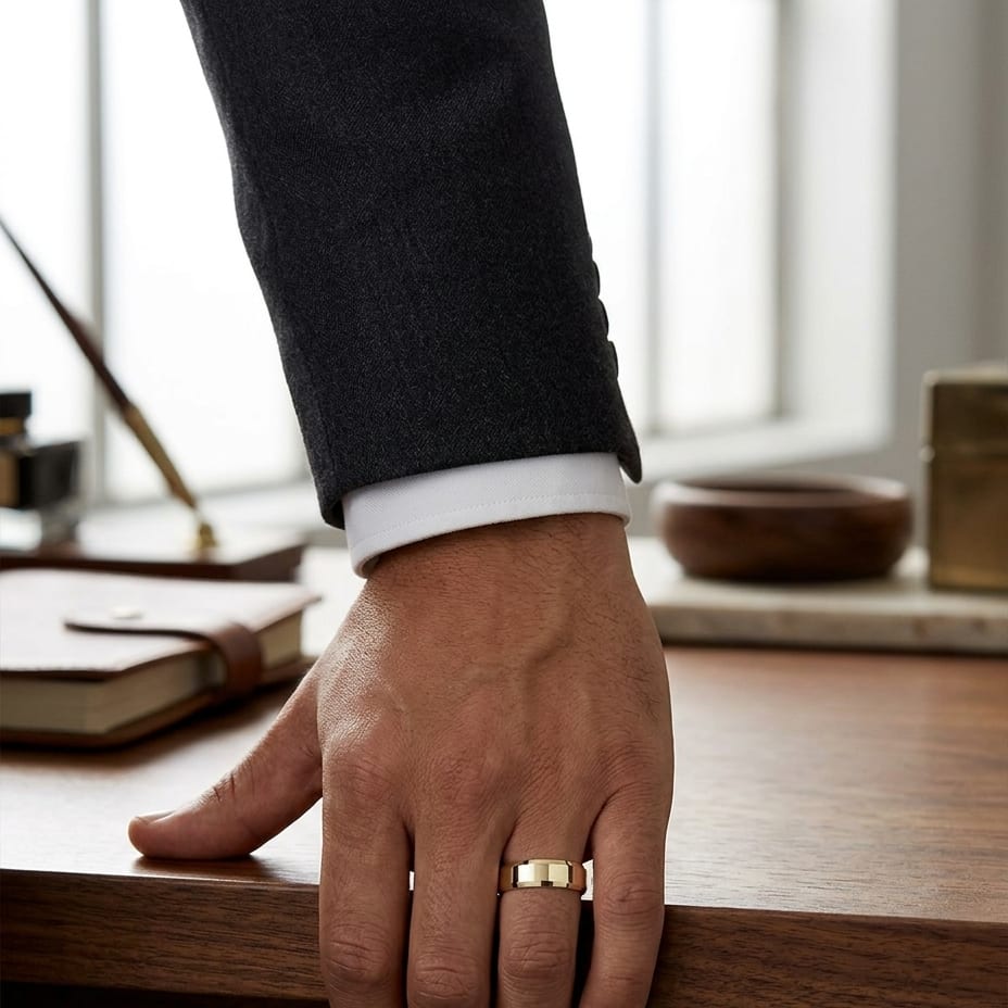 6mm High Polish Carved Wedding Band in 18K Yellow Gold, worn on hand, masculine full view