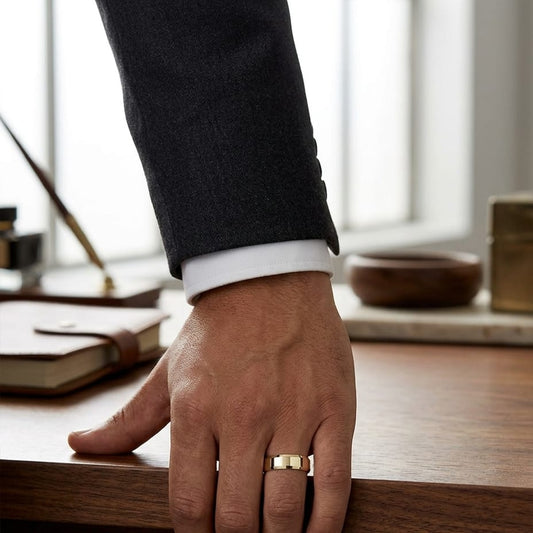 6mm High Polish Carved Wedding Band in 18K Yellow Gold, worn on hand, masculine full view