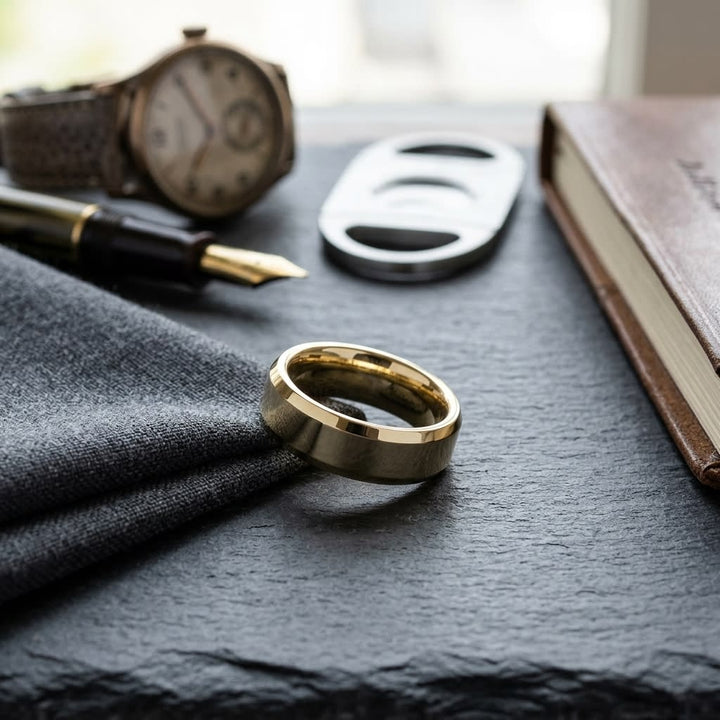 6mm High Polish Carved Wedding Band in 18K Yellow Gold, on walnut surface with pocket square