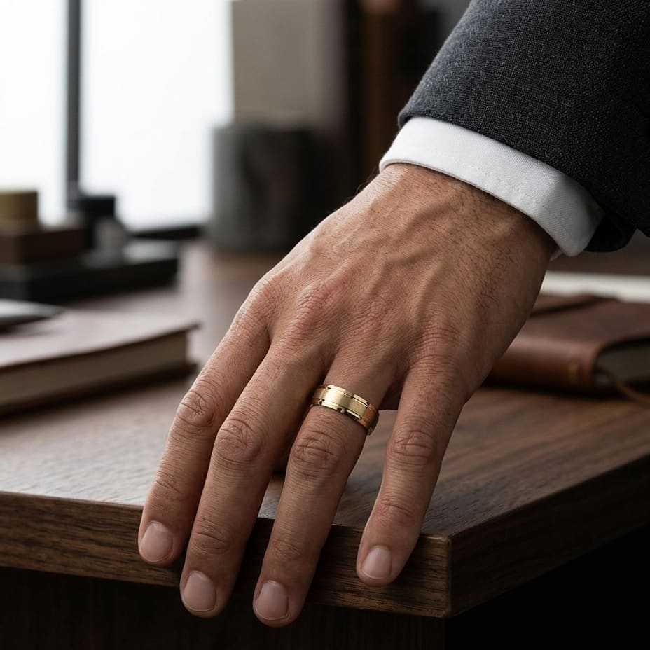 6mm Satin Finish High Polished Beveled Edge Carved Wedding Band in 18K Yellow Gold, worn on hand, masculine full view