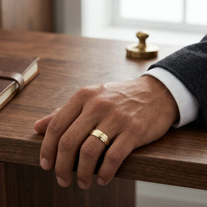 7mm Satin Finish High Polished Beveled Edge Carved Wedding Band in 18K Yellow Gold, worn on hand, masculine full view