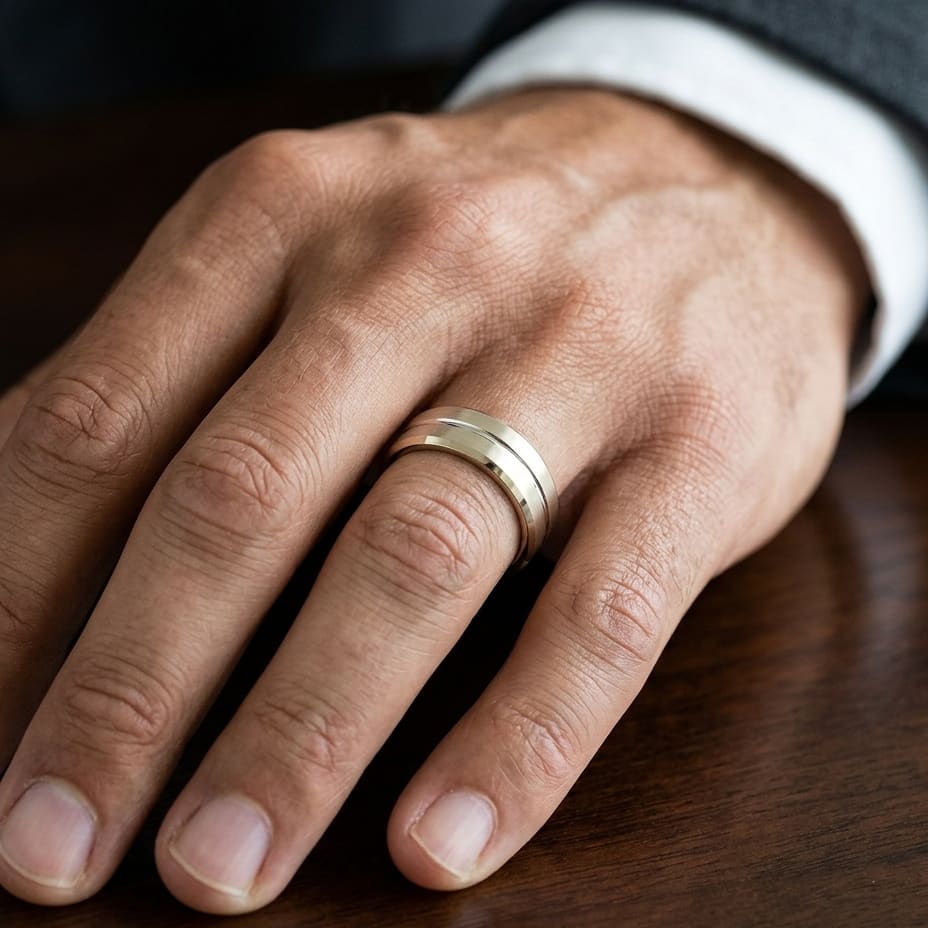 6mm Satin Finish Carved Wedding Band in 18K Yellow Gold, worn on hand, masculine close-up