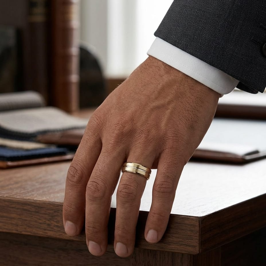 6mm Satin Finish Carved Wedding Band in 18K Yellow Gold, worn on hand, masculine full view