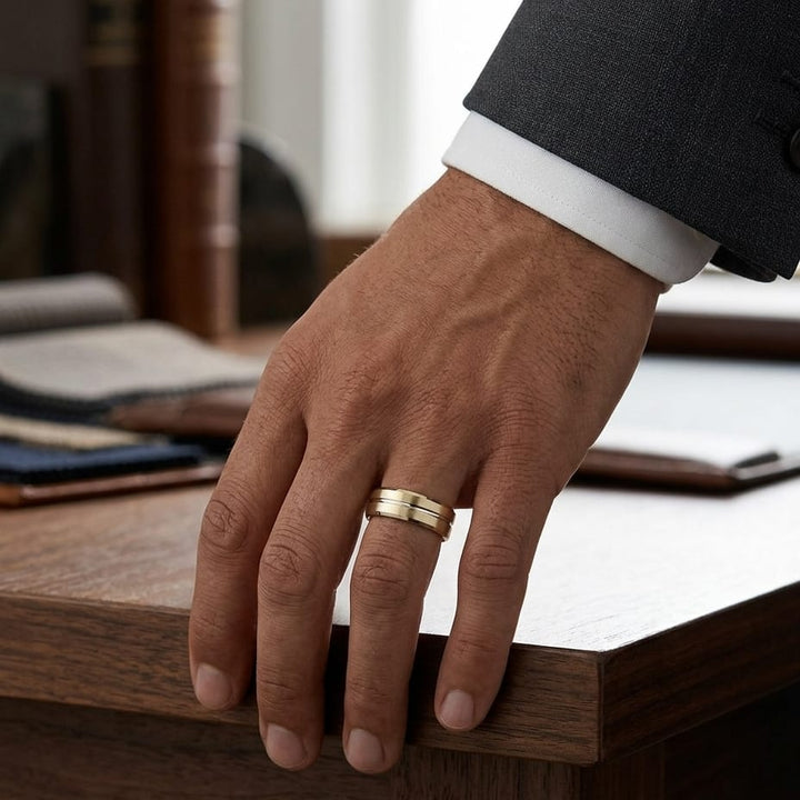6mm Satin Finish Carved Wedding Band in 18K Yellow Gold, worn on hand, masculine full view