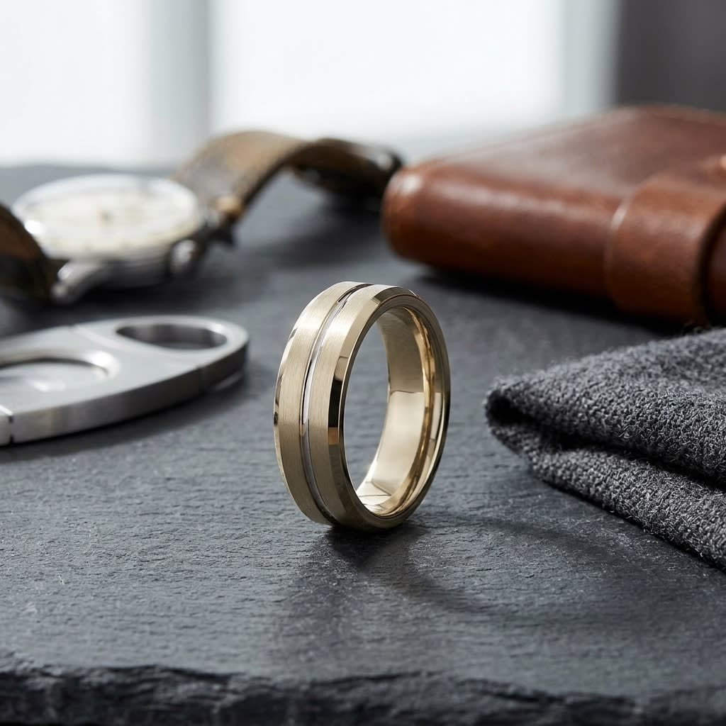 6mm Satin Finish Carved Wedding Band in 18K Yellow Gold, on walnut surface with pocket square
