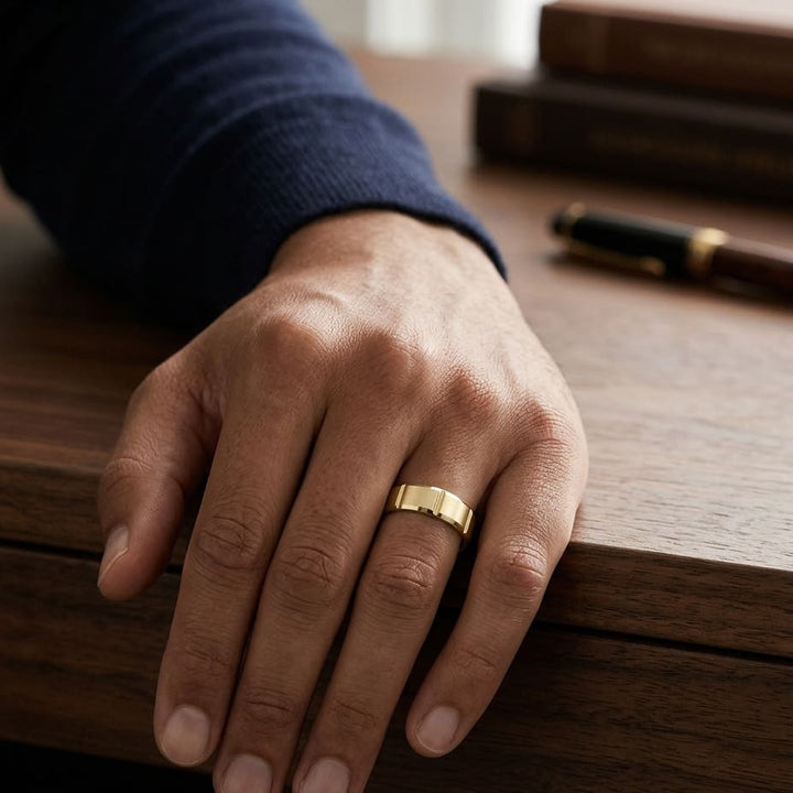 6mm Satin Finish Grooves Carved Wedding Band in 18K Yellow Gold, worn on hand, masculine full view