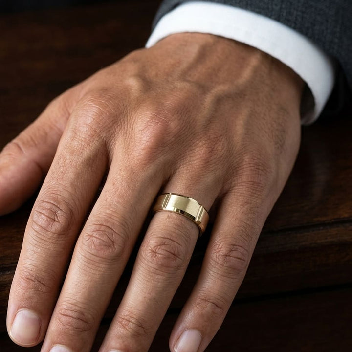 8mm Satin Finish Grooves Carved Wedding Band in 18K Yellow Gold, worn on hand, masculine close-up