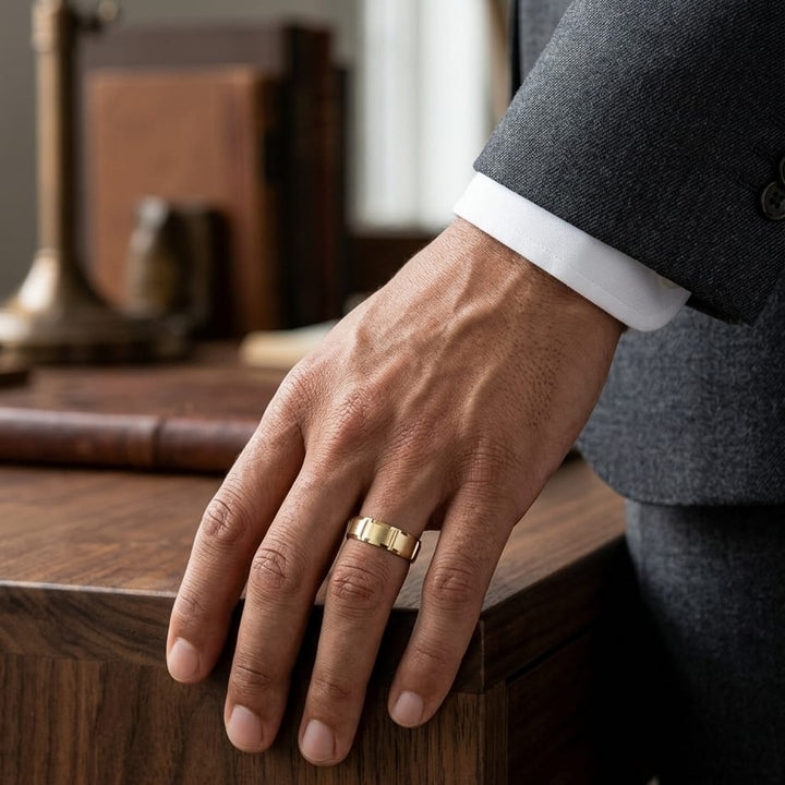 8mm Satin Finish Grooves Carved Wedding Band in 18K Yellow Gold, worn on hand, masculine full view