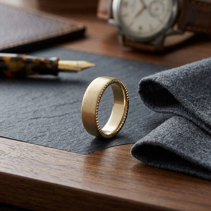 7.5mm Satin Finish Carved Wedding Band in 18K Yellow Gold, on walnut surface with pocket square
