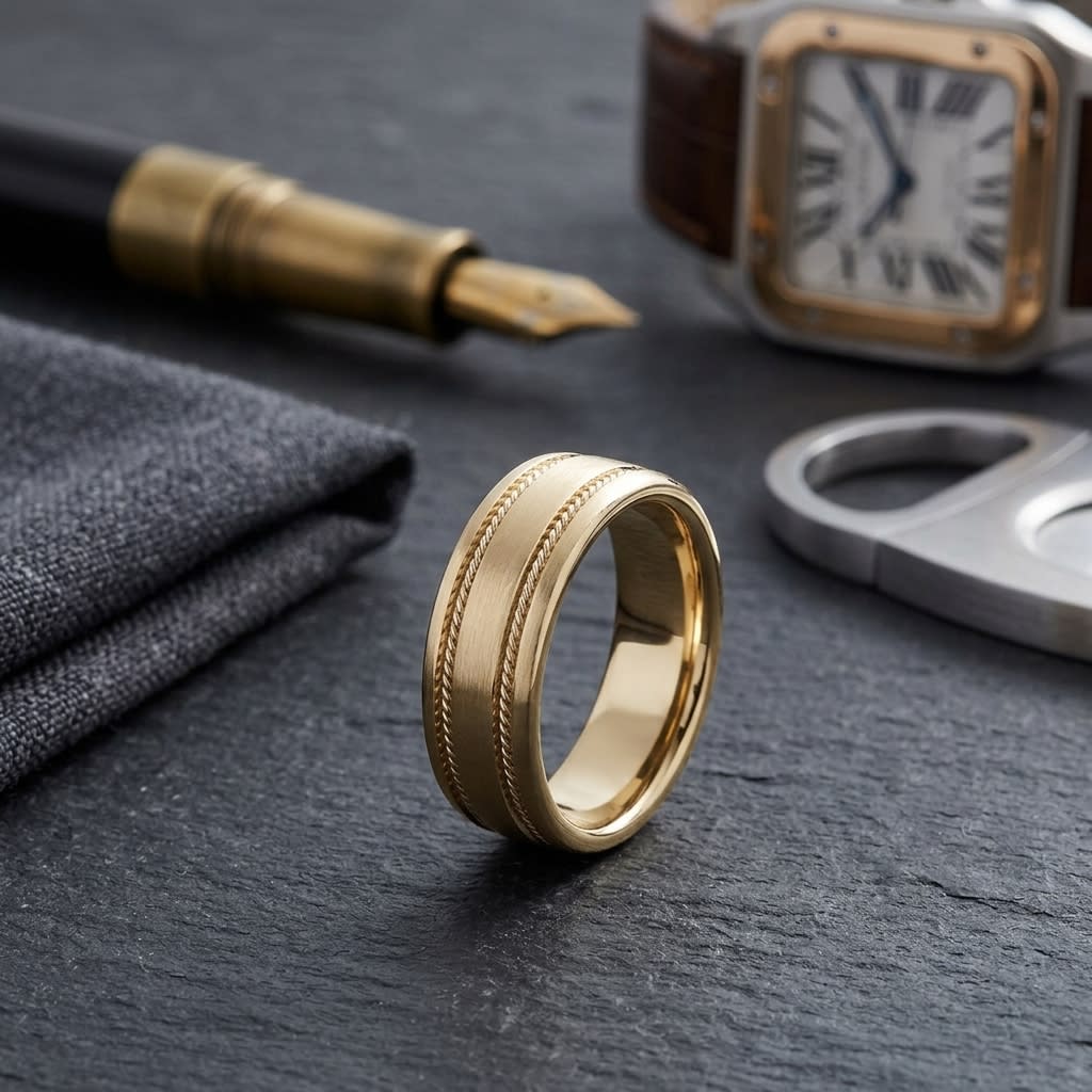 7.5mm Satin Finish Rope Carved Wedding Band in 18K Yellow Gold, on walnut surface with pocket square