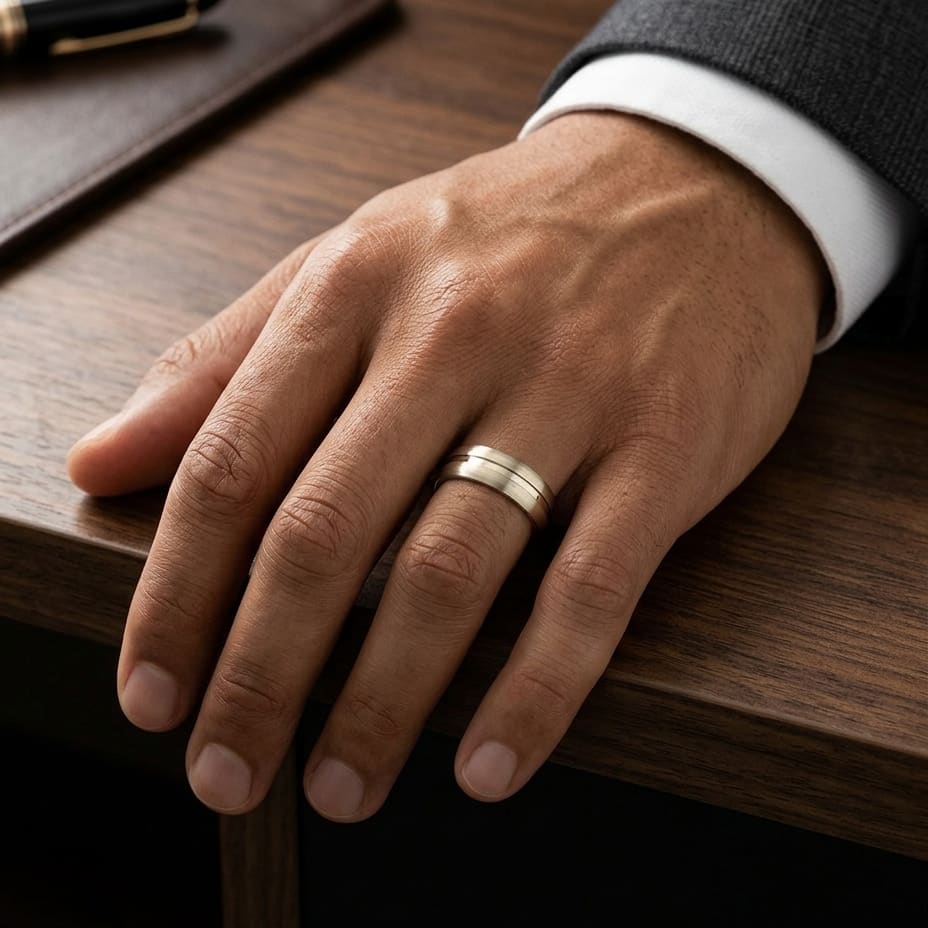 7.5mm Satin Finish High Polished Center Cut Carved Wedding Band in 18K Yellow Gold, worn on hand, masculine full view