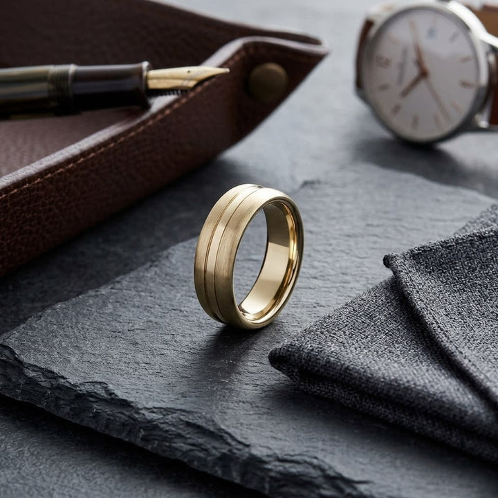 7.5mm Satin Finish High Polished Center Cut Carved Wedding Band in 18K Yellow Gold, on walnut surface with pocket square