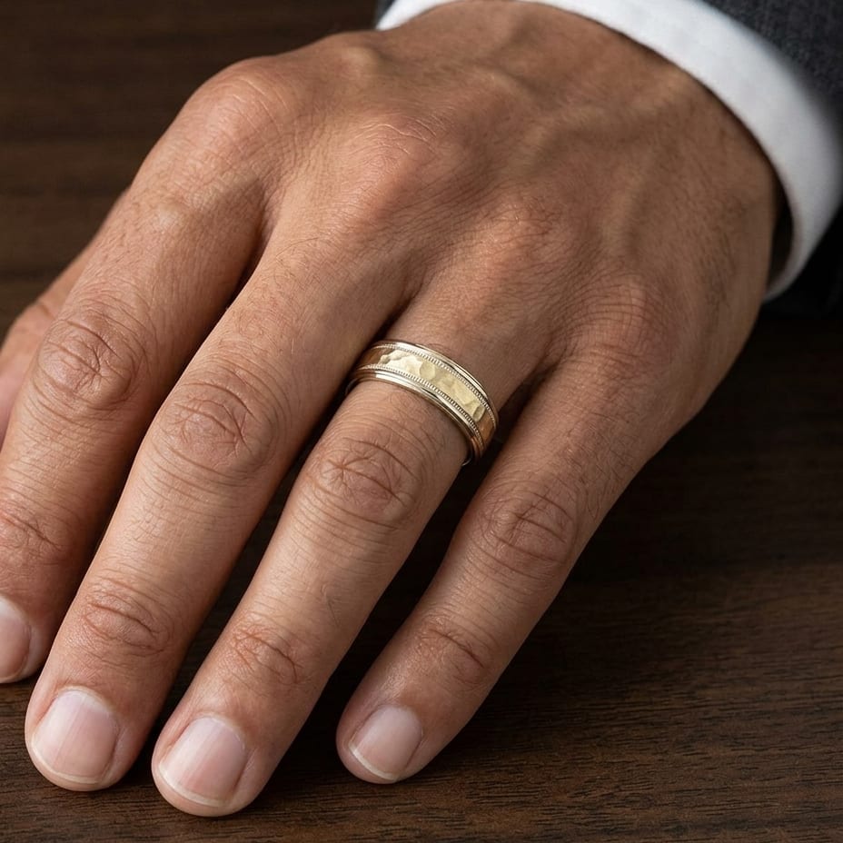 6mm Hammered Center High Polish Round Edge Carved Wedding Band in 18K Yellow Gold, worn on hand, masculine close-up