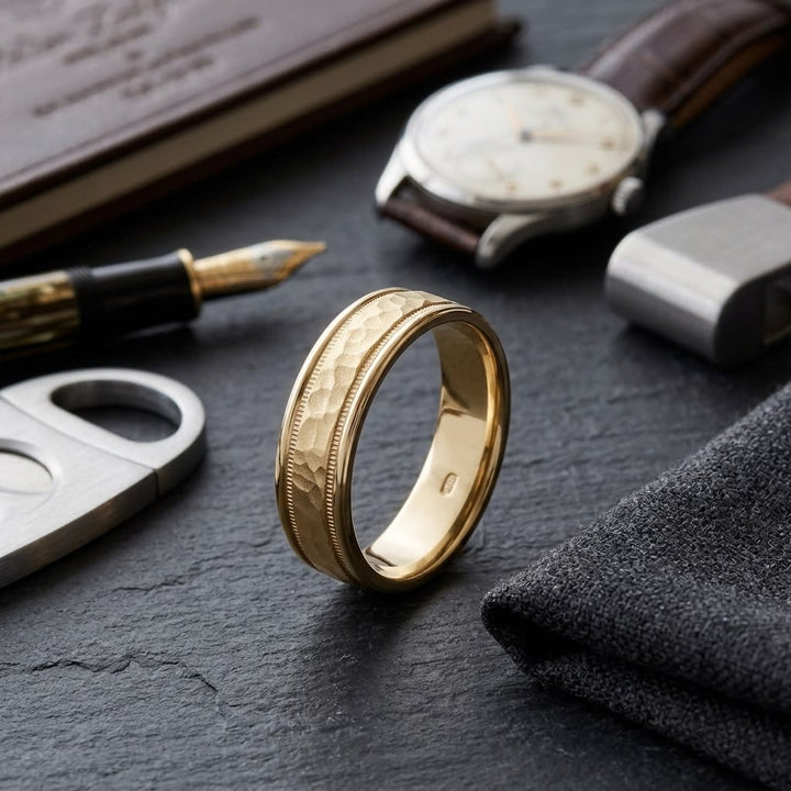 6mm Hammered Center High Polish Round Edge Carved Wedding Band in 18K Yellow Gold, on walnut surface with pocket square