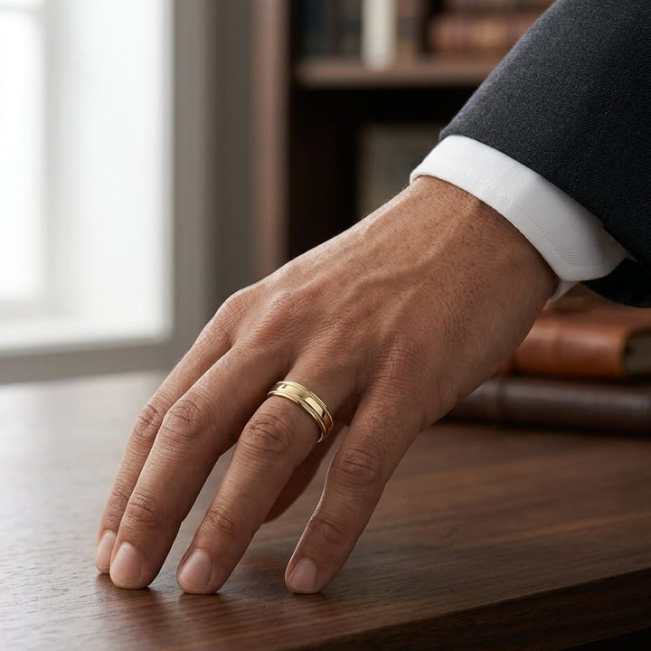 6mm High Polish Milgrain Round Edge Carved Wedding Band in 18K Yellow Gold, worn on hand, masculine full view