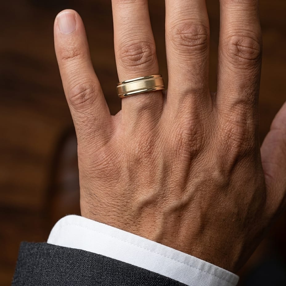 6mm Satin Finish Milgrain Round Edge Carved Wedding Band in 18K Yellow Gold, worn on hand, masculine close-up