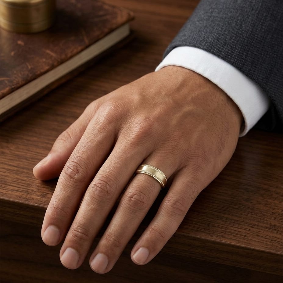 6mm Satin Finish Milgrain Round Edge Carved Wedding Band in 18K Yellow Gold, worn on hand, masculine full view