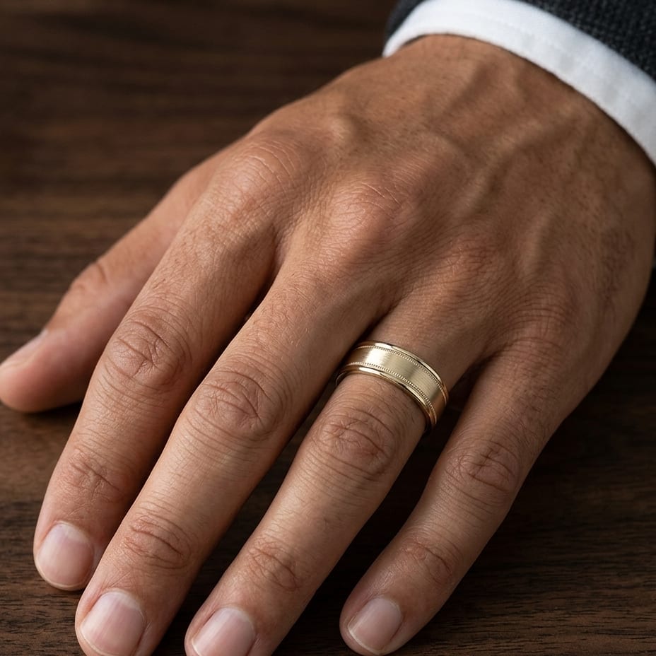 8mm Satin Finish Milgrain Round Edge Carved Wedding Band in 18K Yellow Gold, worn on hand, masculine close-up