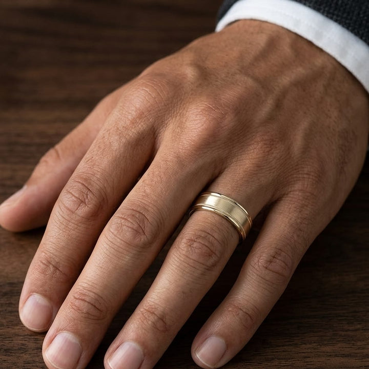 8mm Satin Finish Milgrain Round Edge Carved Wedding Band in 18K Yellow Gold, worn on hand, masculine close-up