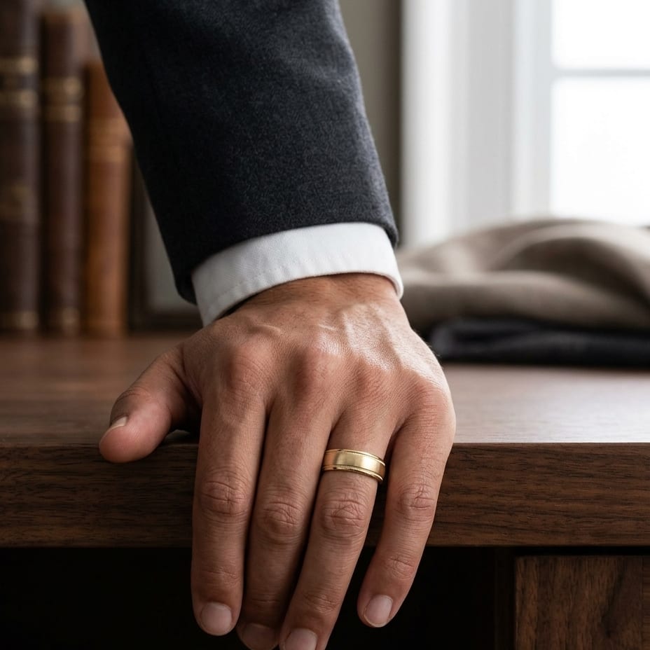 8mm Satin Finish Milgrain Round Edge Carved Wedding Band in 18K Yellow Gold, worn on hand, masculine full view