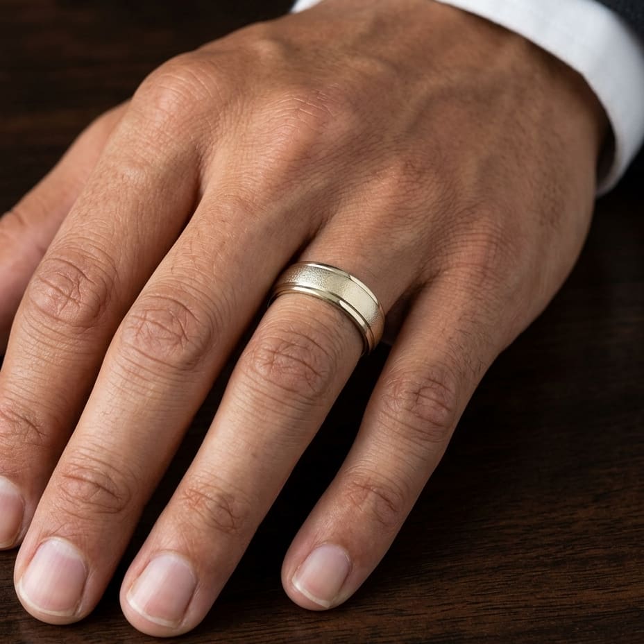 6mm Wired Finish High Polished Round Edge Carved Wedding Band in 18K Yellow Gold, worn on hand, masculine close-up
