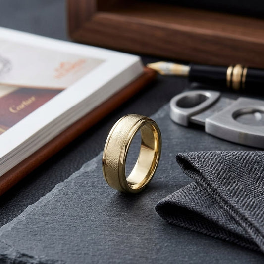 6mm Wired Finish High Polished Round Edge Carved Wedding Band in 18K Yellow Gold, on walnut surface with pocket square