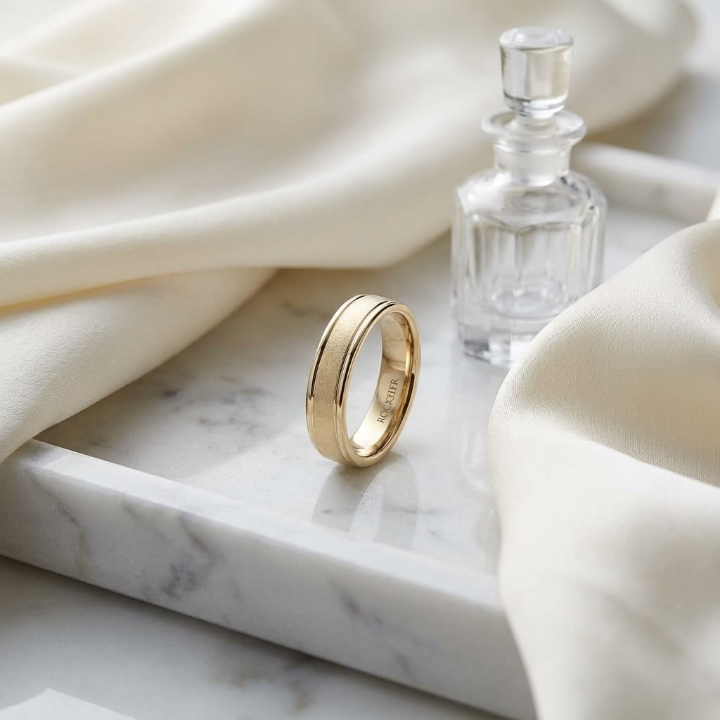 4mm Wired Finish High Polished Round Edge Carved Wedding Band in 18K Yellow Gold, on marble vanity tray with silk