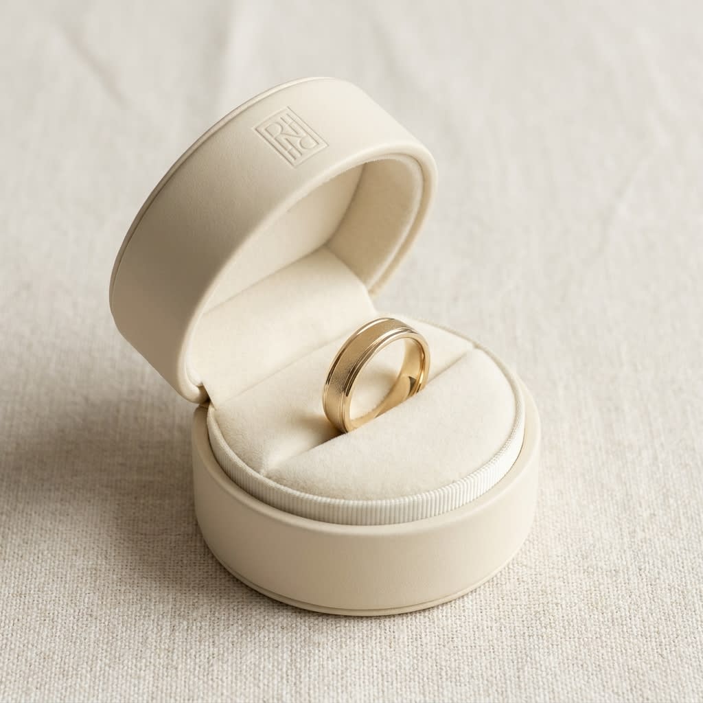4mm Wired Finish High Polished Round Edge Carved Wedding Band in 18K Yellow Gold, in navy velvet jewelry box