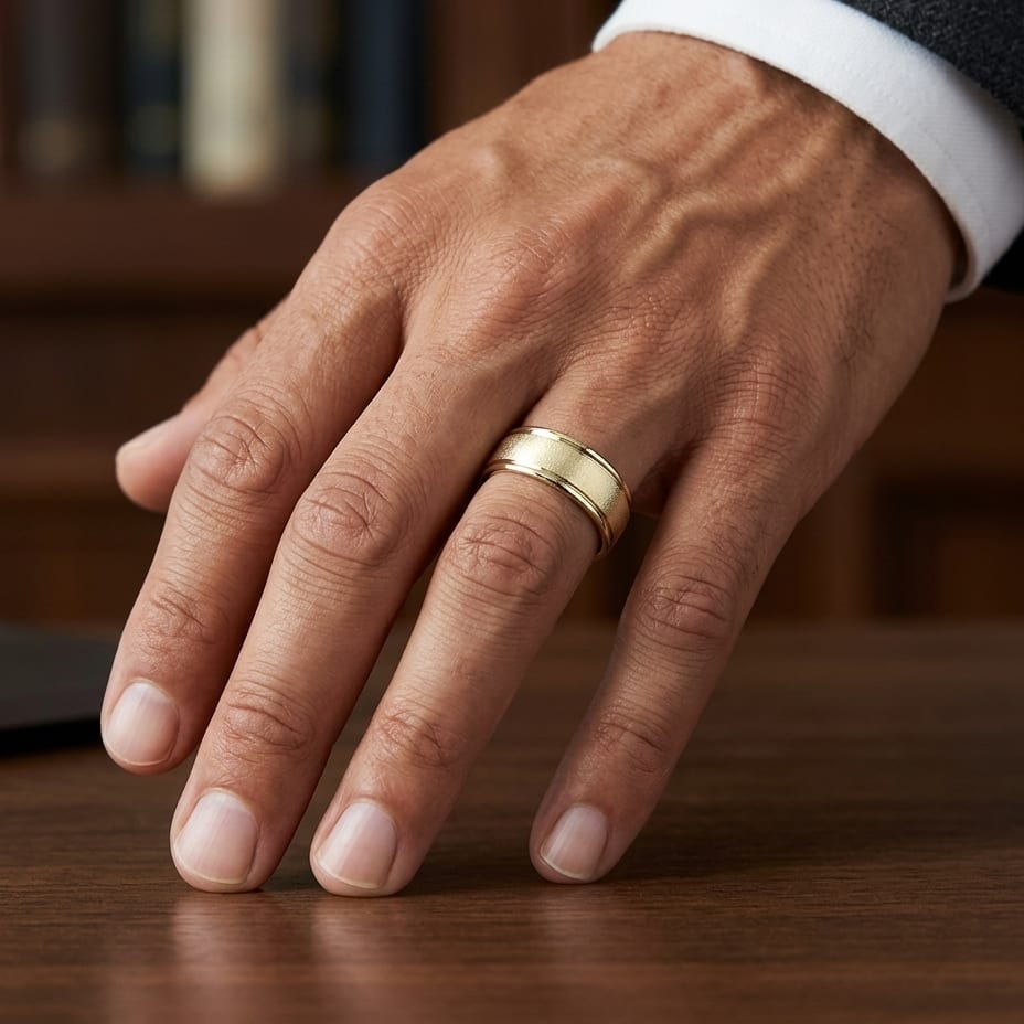 8mm Wire Brush High Polished Round Edge Carved Wedding Band in 18K Yellow Gold, worn on hand, masculine close-up