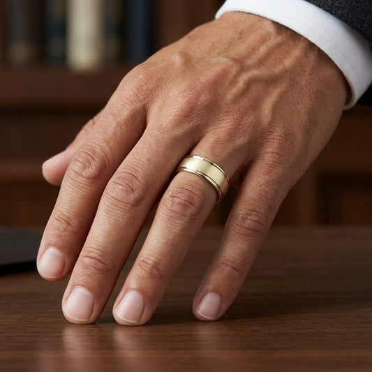 8mm Wire Brush High Polished Round Edge Carved Wedding Band in 18K Yellow Gold, worn on hand, masculine close-up