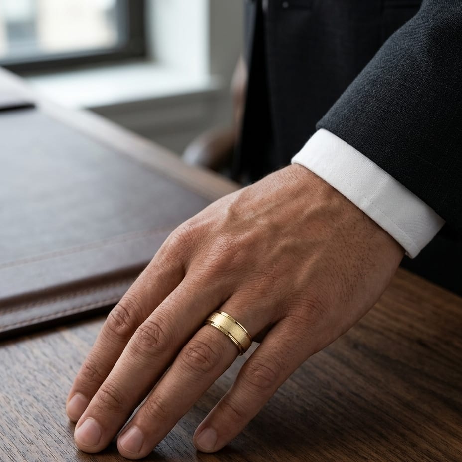 8mm Wire Brush High Polished Round Edge Carved Wedding Band in 18K Yellow Gold, worn on hand, masculine full view