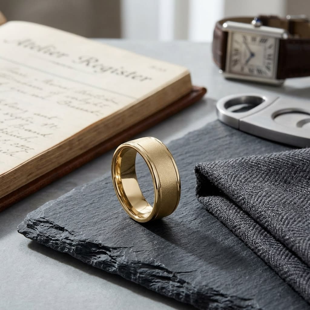 8mm Wire Brush High Polished Round Edge Carved Wedding Band in 18K Yellow Gold, on walnut surface with pocket square