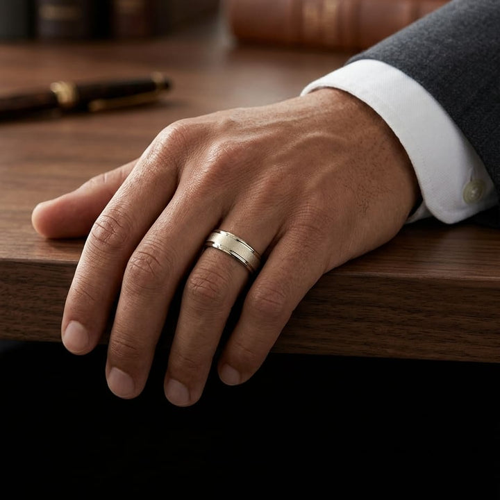 7mm Wired Finish High Polished Round Edge Carved Wedding Band in 18K Yellow Gold, worn on hand, masculine full view