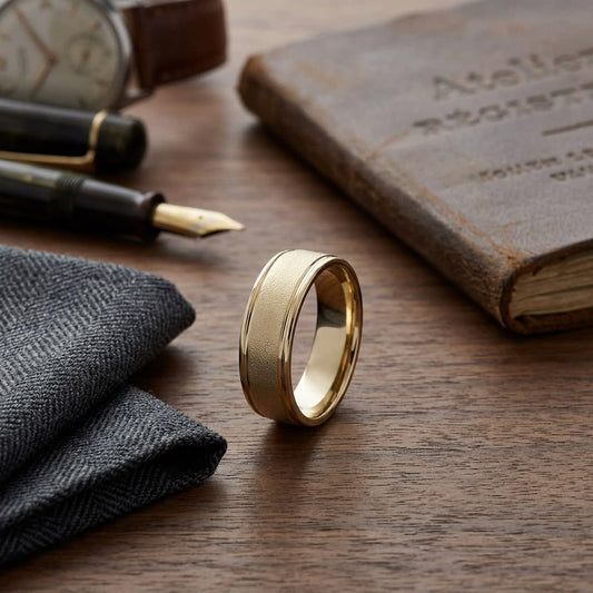 7mm Wired Finish High Polished Round Edge Carved Wedding Band in 18K Yellow Gold, on walnut surface with pocket square