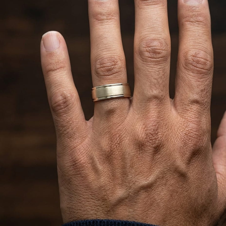 6mm Satin Finish High Polished Round Edge Carved Wedding Band in 18K Yellow Gold, worn on hand, masculine close-up