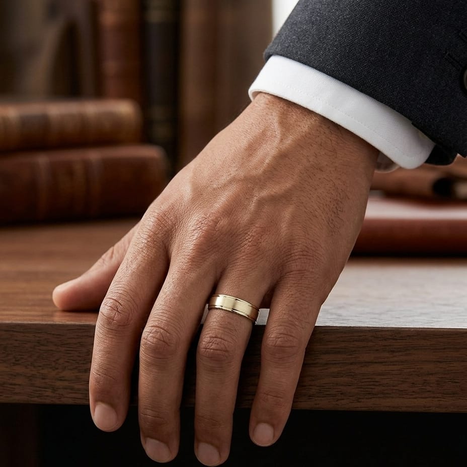 6mm Satin Finish High Polished Round Edge Carved Wedding Band in 18K Yellow Gold, worn on hand, masculine full view
