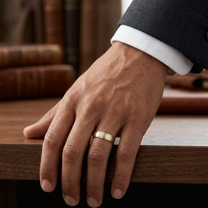6mm Satin Finish High Polished Round Edge Carved Wedding Band in 18K Yellow Gold, worn on hand, masculine full view