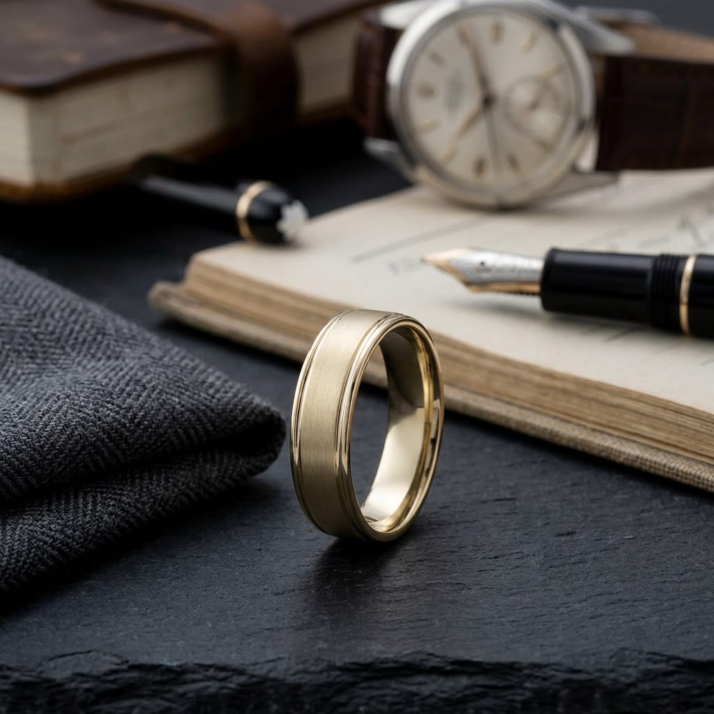 6mm Satin Finish High Polished Round Edge Carved Wedding Band in 18K Yellow Gold, on walnut surface with pocket square