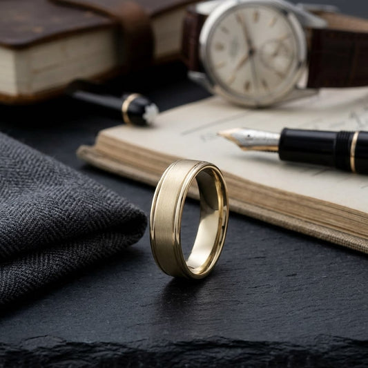 6mm Satin Finish High Polished Round Edge Carved Wedding Band in 18K Yellow Gold, on walnut surface with pocket square