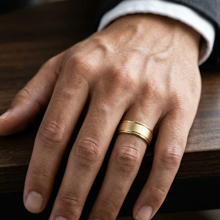 8mm Satin Finish High Polished Round Edge Carved Wedding Band in 18K Yellow Gold, worn on hand, masculine close-up
