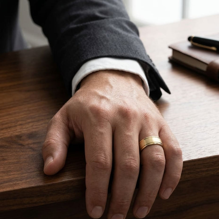 8mm Satin Finish High Polished Round Edge Carved Wedding Band in 18K Yellow Gold, worn on hand, masculine full view