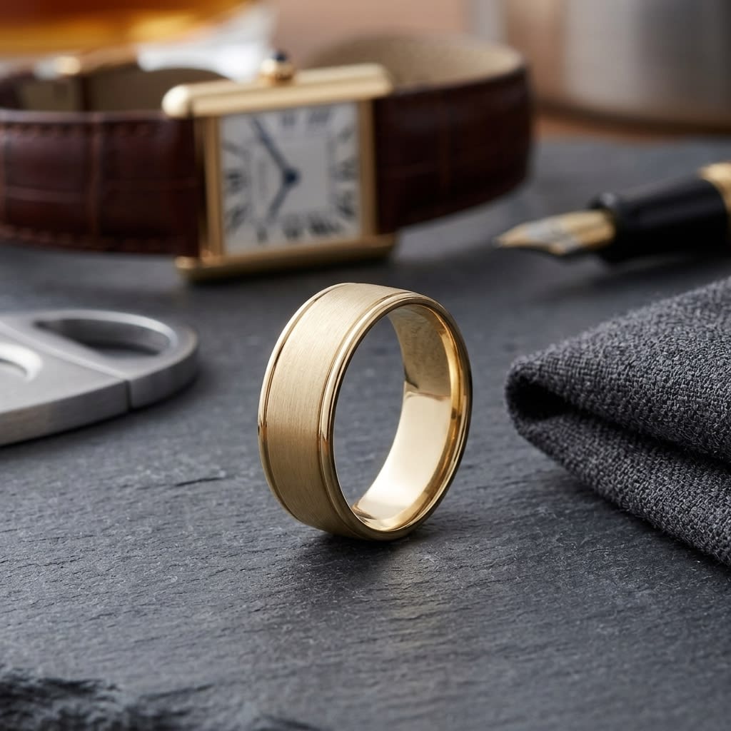 8mm Satin Finish High Polished Round Edge Carved Wedding Band in 18K Yellow Gold, on walnut surface with pocket square