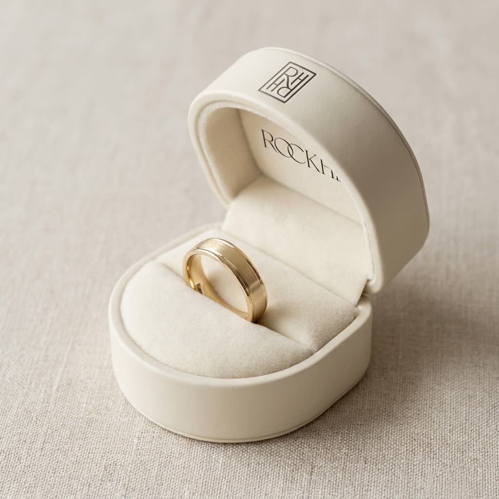 4mm Satin Finish High Polished Round Edge Carved Wedding Band in 18K Yellow Gold, in navy velvet jewelry box