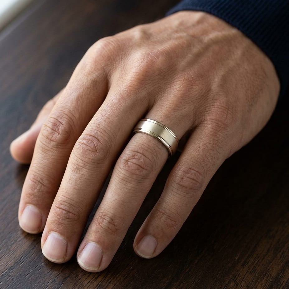 7mm Satin Finish High Polished Round Edge Carved Wedding Band in 18K Yellow Gold, worn on hand, masculine close-up