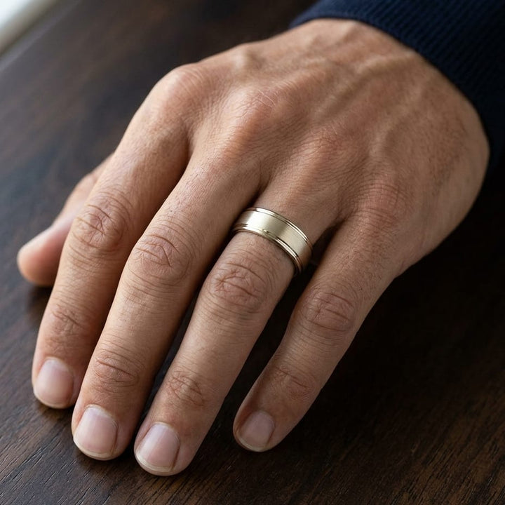 7mm Satin Finish High Polished Round Edge Carved Wedding Band in 18K Yellow Gold, worn on hand, masculine close-up