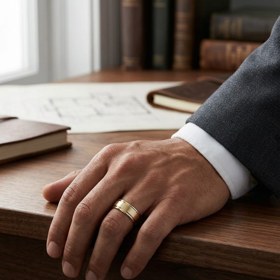 7mm Satin Finish High Polished Round Edge Carved Wedding Band in 18K Yellow Gold, worn on hand, masculine full view