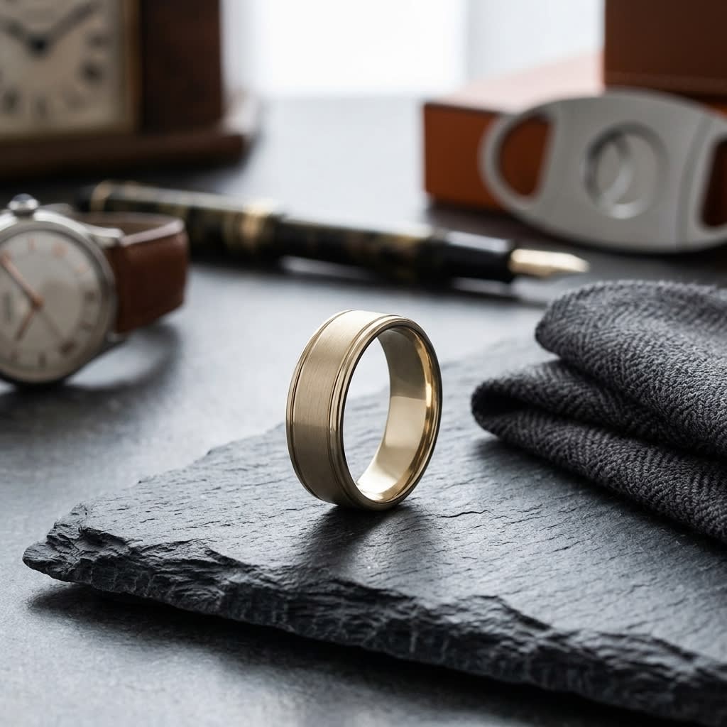 7mm Satin Finish High Polished Round Edge Carved Wedding Band in 18K Yellow Gold, on walnut surface with pocket square