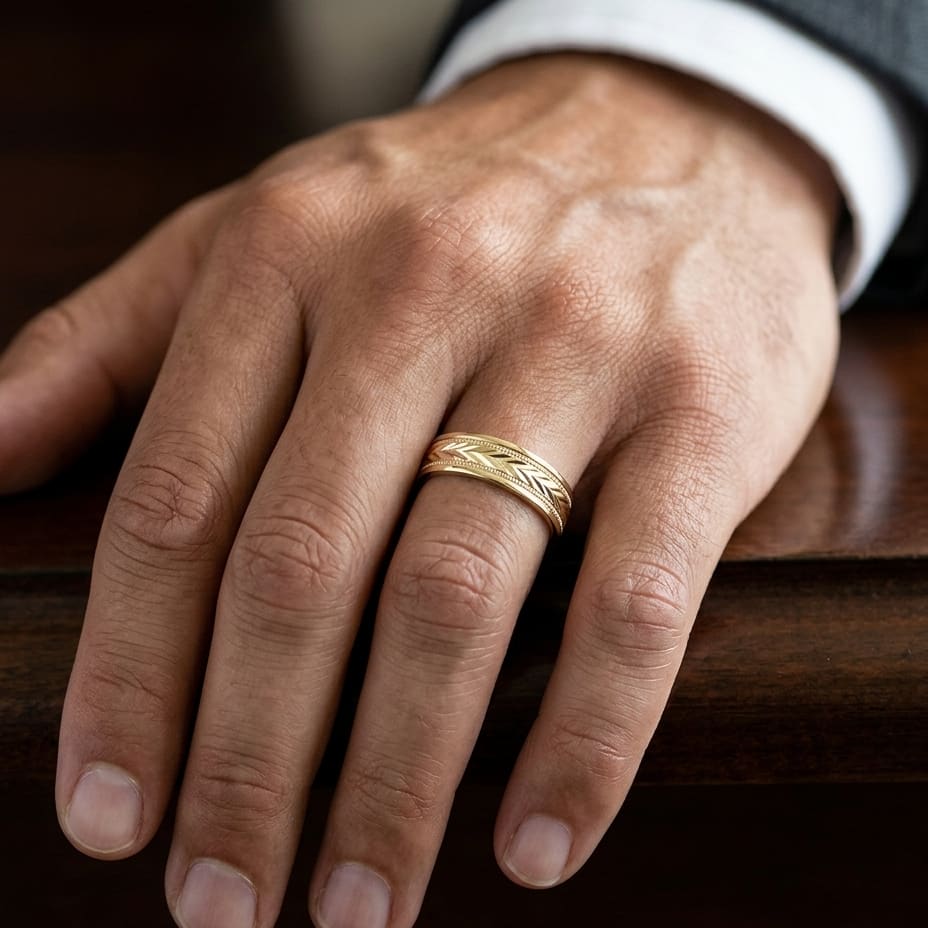 6mm Comfort-Fit Wedding Band in 18K Yellow Gold, worn on hand, masculine close-up