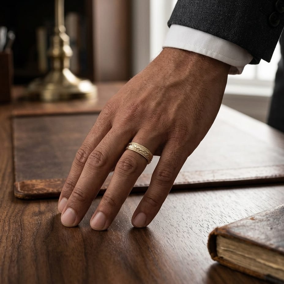 6mm Comfort-Fit Wedding Band in 18K Yellow Gold, worn on hand, masculine full view